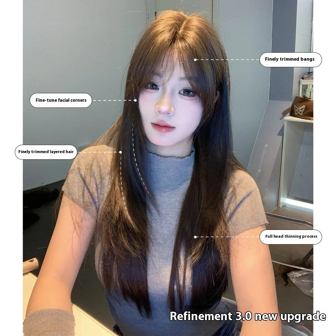 Cold brown layered long straight women's full-head wig with natural styling