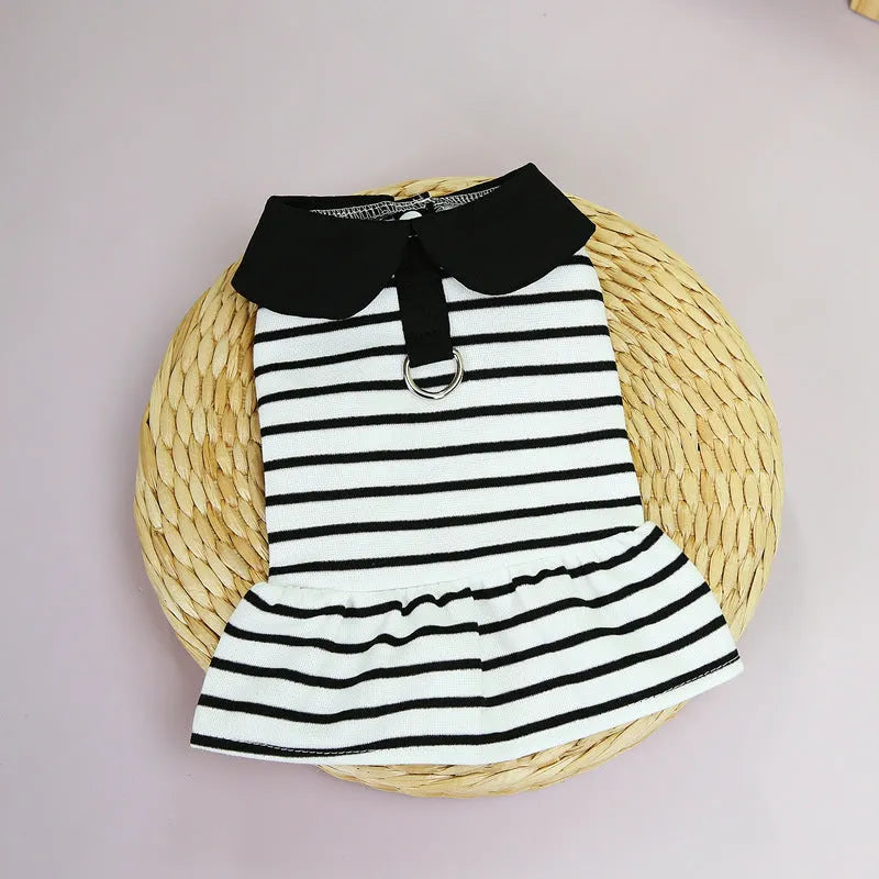Striped pet summer clothing bundle with T-shirt and skirt in cotton material