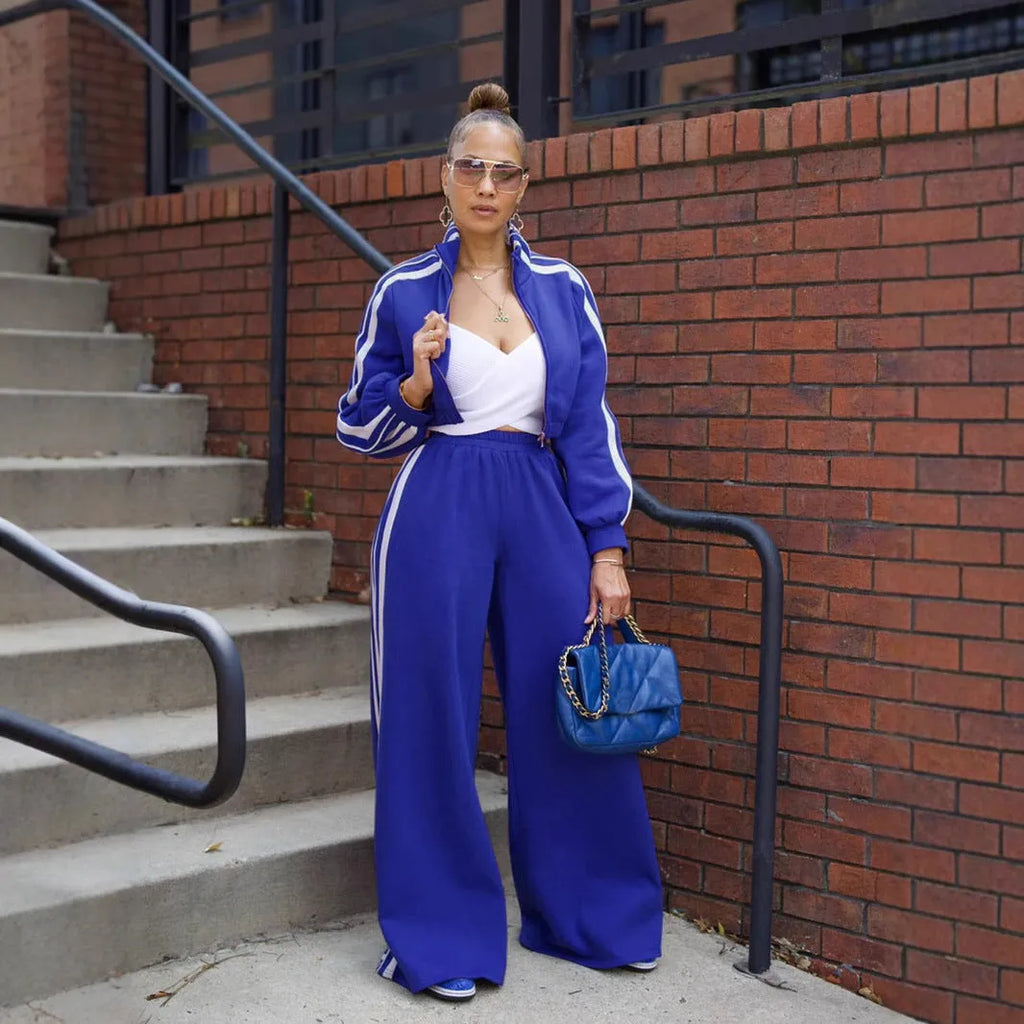 Striped zip-up sweater and solid trousers two-piece tracksuit set in street hipster style