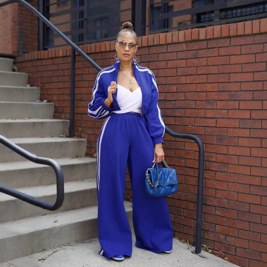 Striped zip-up sweater and solid trousers two-piece tracksuit set in street hipster style