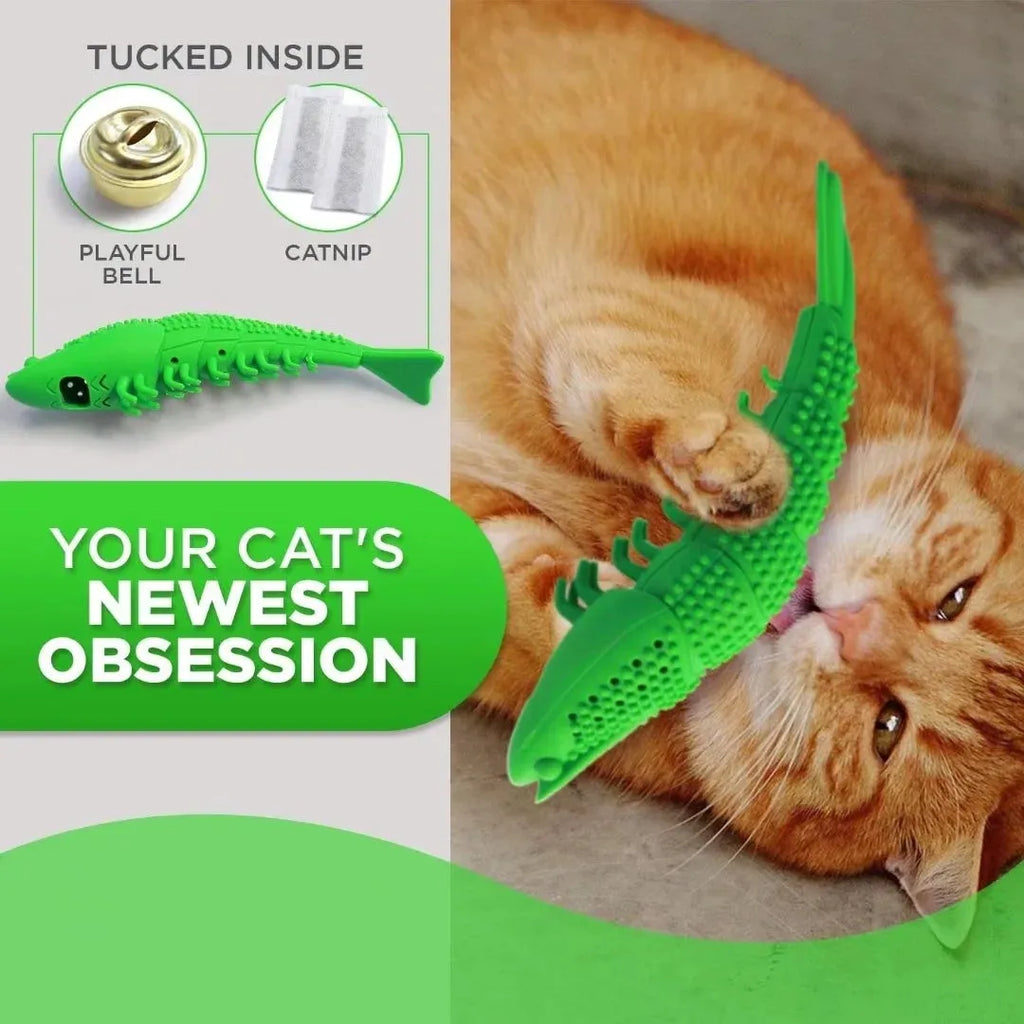 Blue hard rubber cat chew toy with dental cleaning function and bell inside.