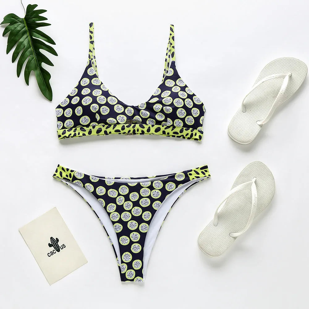 Women's bikini swimsuit set in polyester fabric showing black and white dots and red and white stripes colour options.