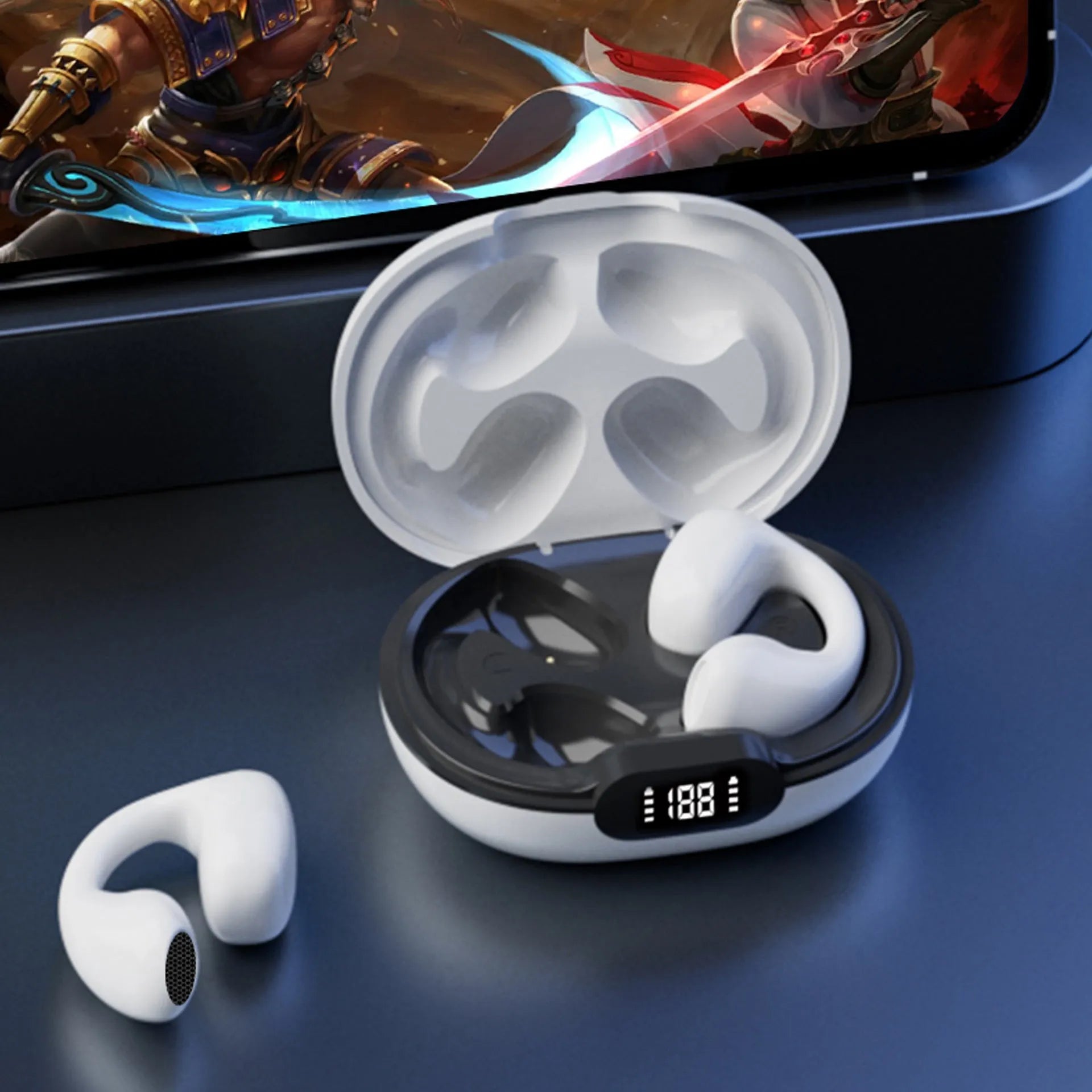 Wireless clip ear bone conduction Bluetooth headset in black with clip ear design and PVS cable