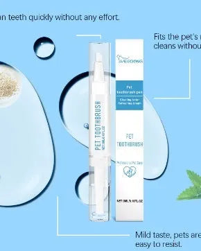 A white pet toothbrush pen with a soft bristle head and an included tube of pet toothpaste.