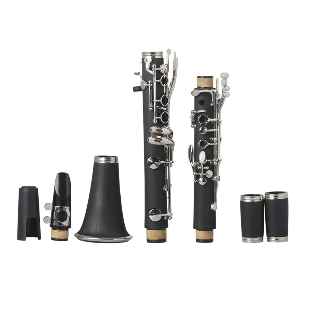 Black Bakelite beginner clarinet with 17 nickel-plated keys and a carry bag.