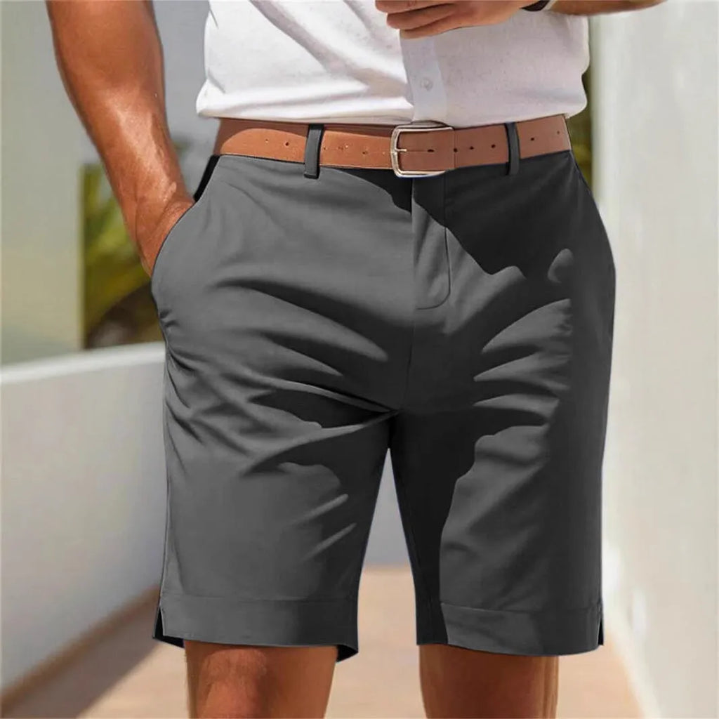 Men's light grey straight-cut business suit shorts made from polyester fabric for summer wear
