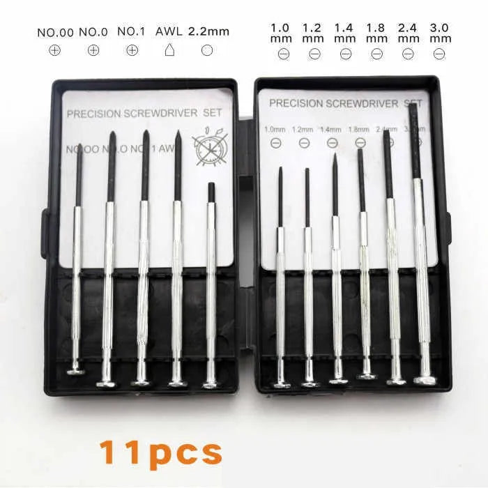 TH-6177 11-piece clock screwdriver set with various bits on a blue background.