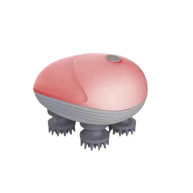 Blue handheld electric pet massager with rotating heads on a white background.