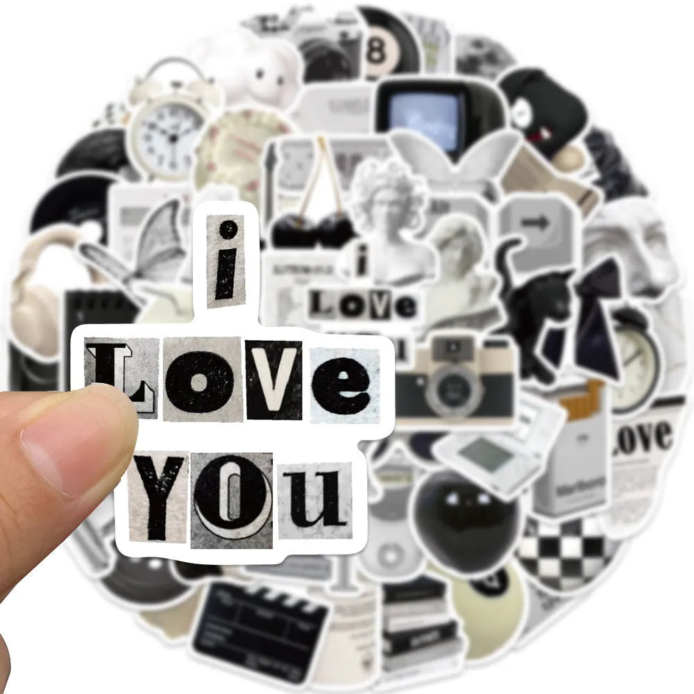 61 black and white PVC waterproof vinyl stickers for laptops, phones, and luggage.