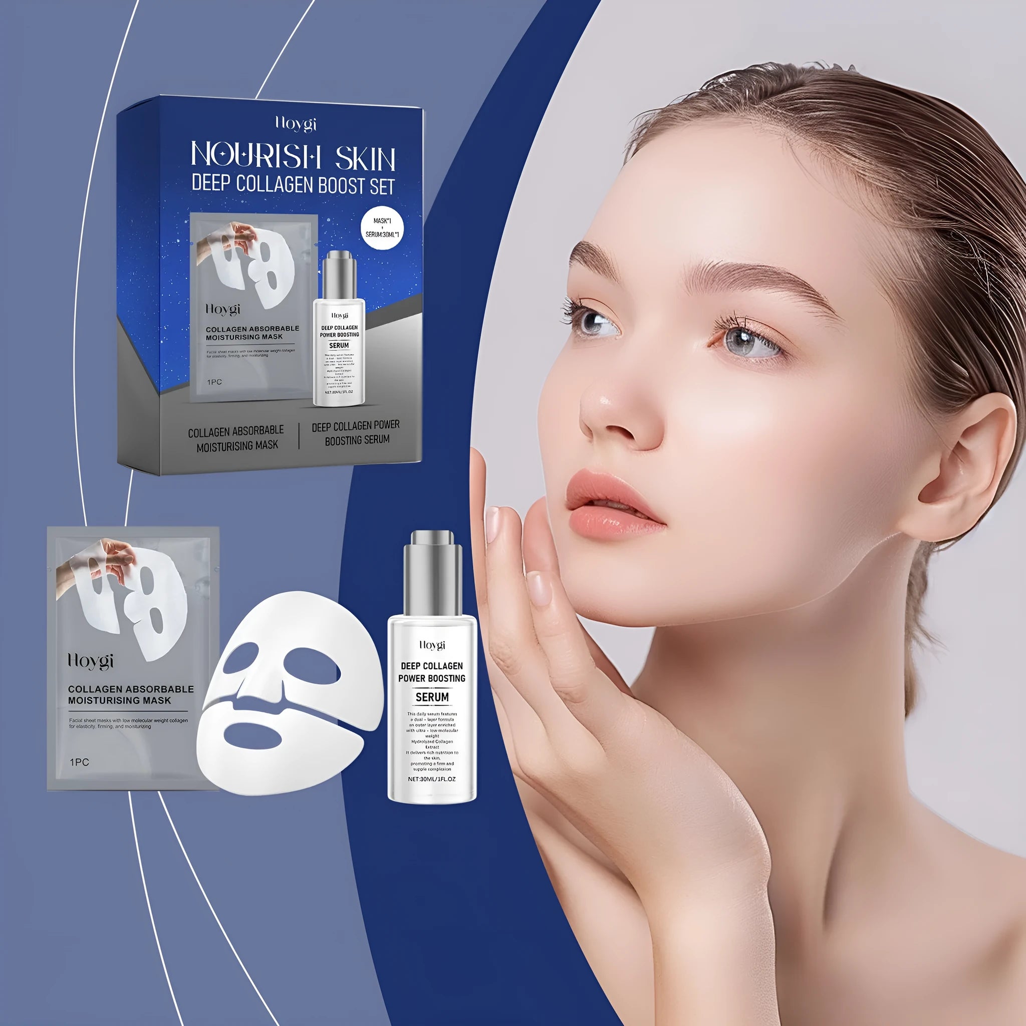 Individually packaged collagen moisturising suit facial sheet mask with 30ml essence.