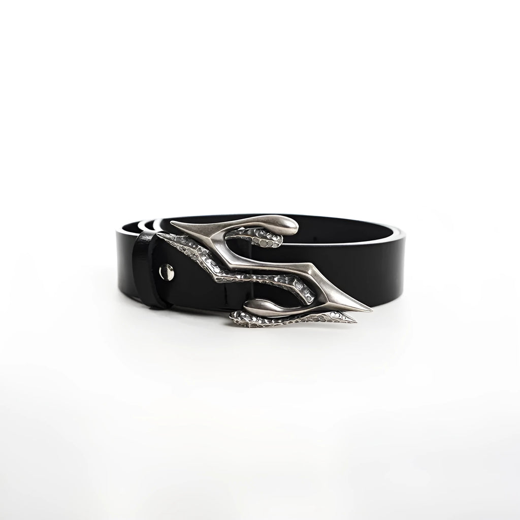 Black two-layer cowhide leather belt with metal letter buckle showing 110 cm length measurement