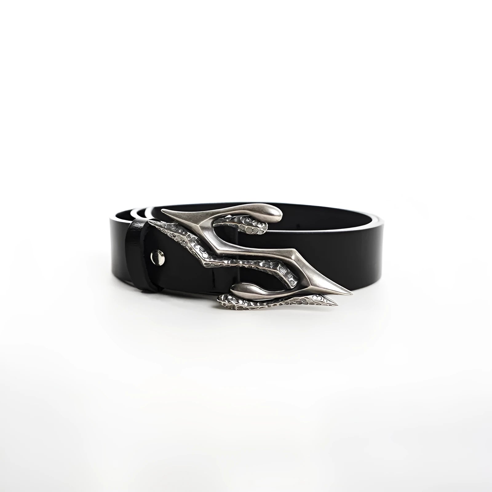 Black two-layer cowhide leather belt with metal letter buckle showing 110 cm length measurement