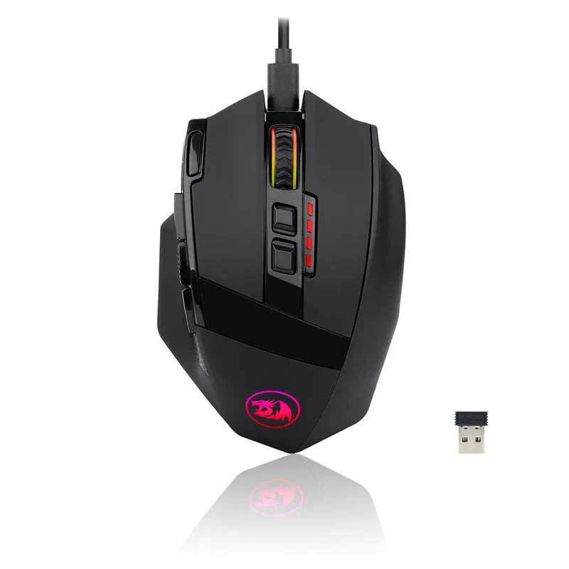 Redragon M801P black wireless gaming mouse with nine buttons and dual connectivity options