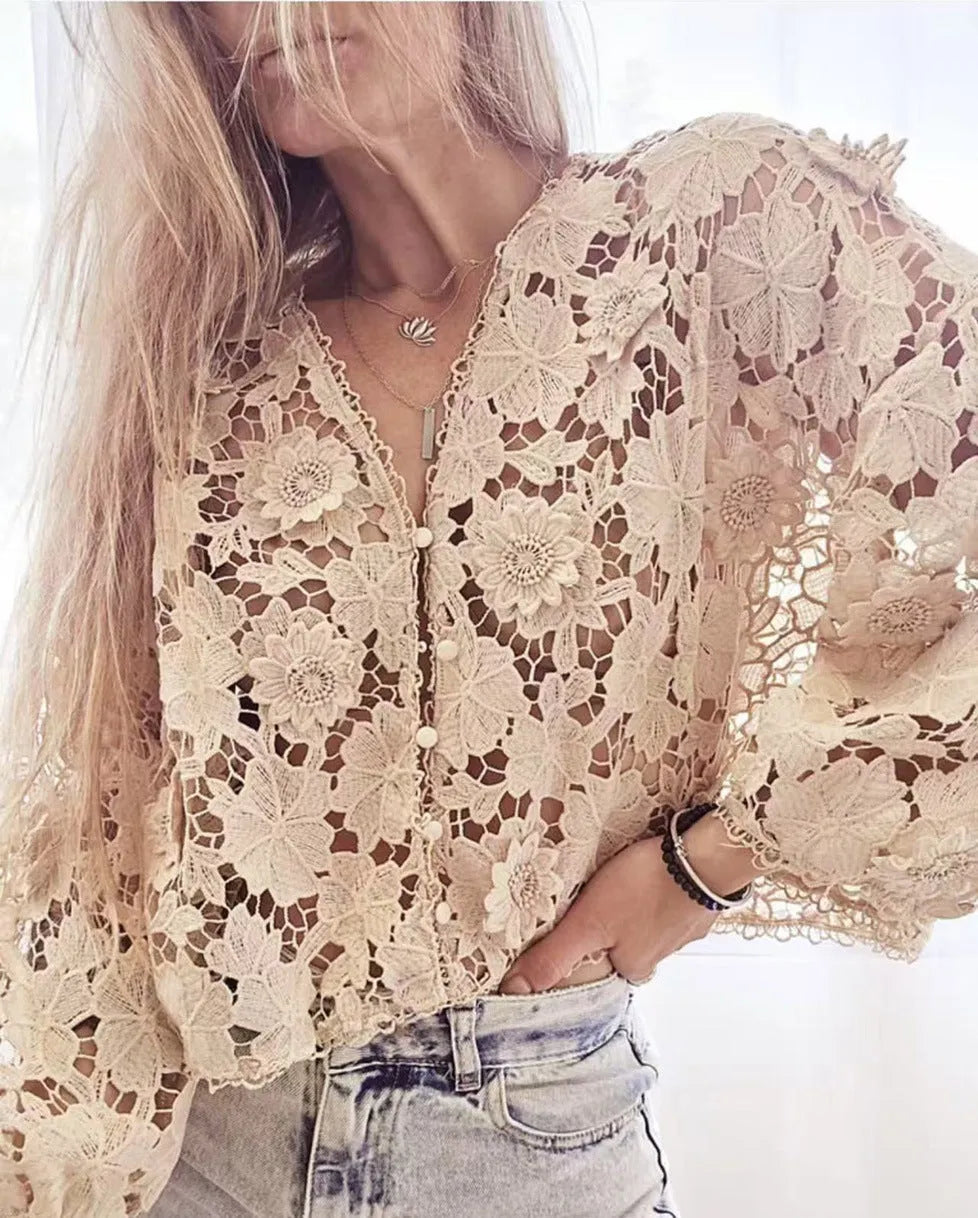 Women's loose-fit lace cardigan with V-neck and three-dimensional floral decoration in black