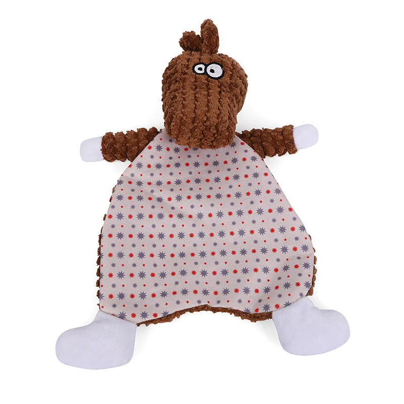 Brown, grey, and orange velvet pet stuffed toys in fox and elephant designs with crinkle sound paper inside.