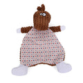 Brown, grey, and orange velvet pet stuffed toys in fox and elephant designs with crinkle sound paper inside.