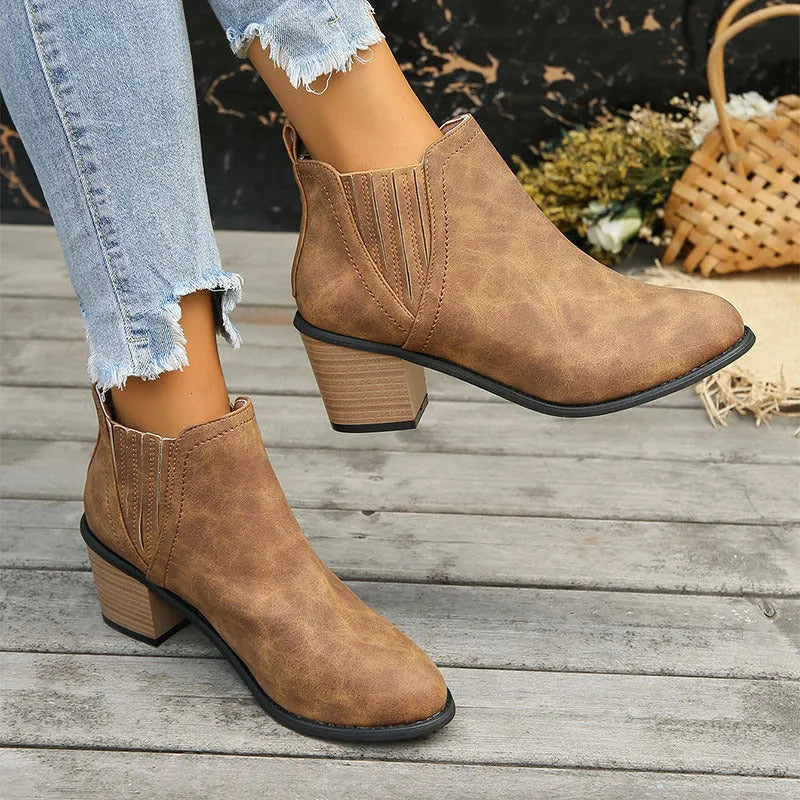 Women's black pointed toe ankle boots with thick square heel in artificial PU material