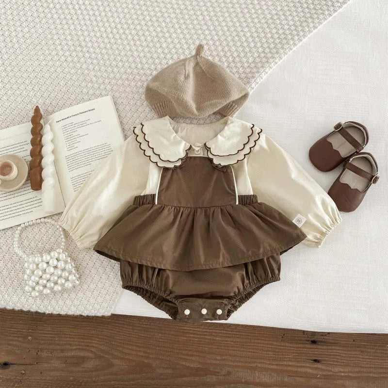 Girls' brown coffee long-sleeved cotton suspender romper with doll collar shirt and jumpsuit two-piece set
