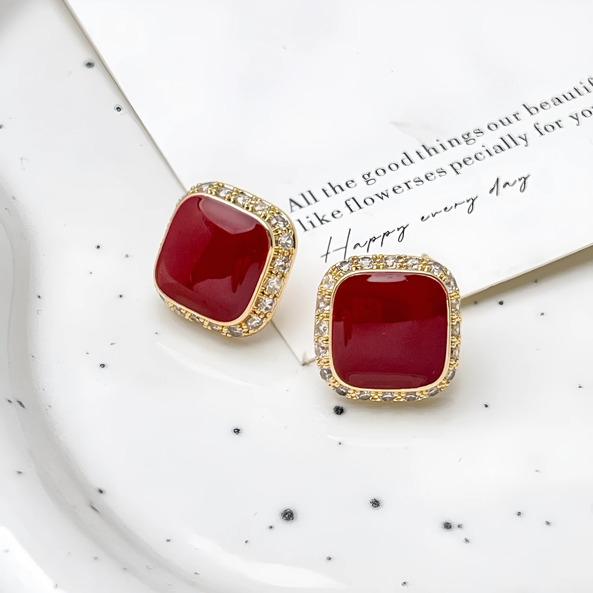 Red square geometric alloy earrings for women with retro plate finish