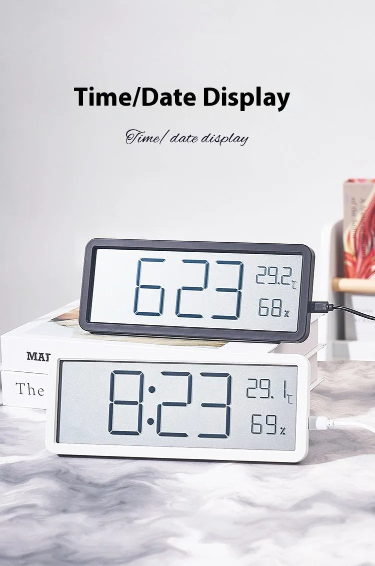 Simple large screen temperature and humidity clock with plastic shell in white Nordic style on a desk