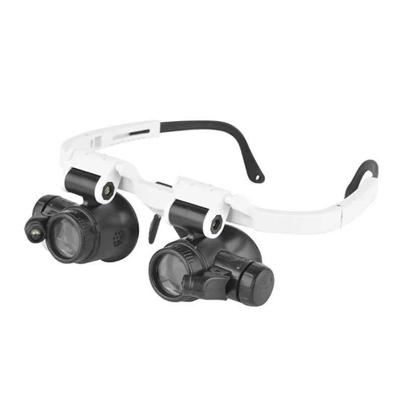 White head mounted magnifying glass with illuminated loupe for clock and electronic repair work.