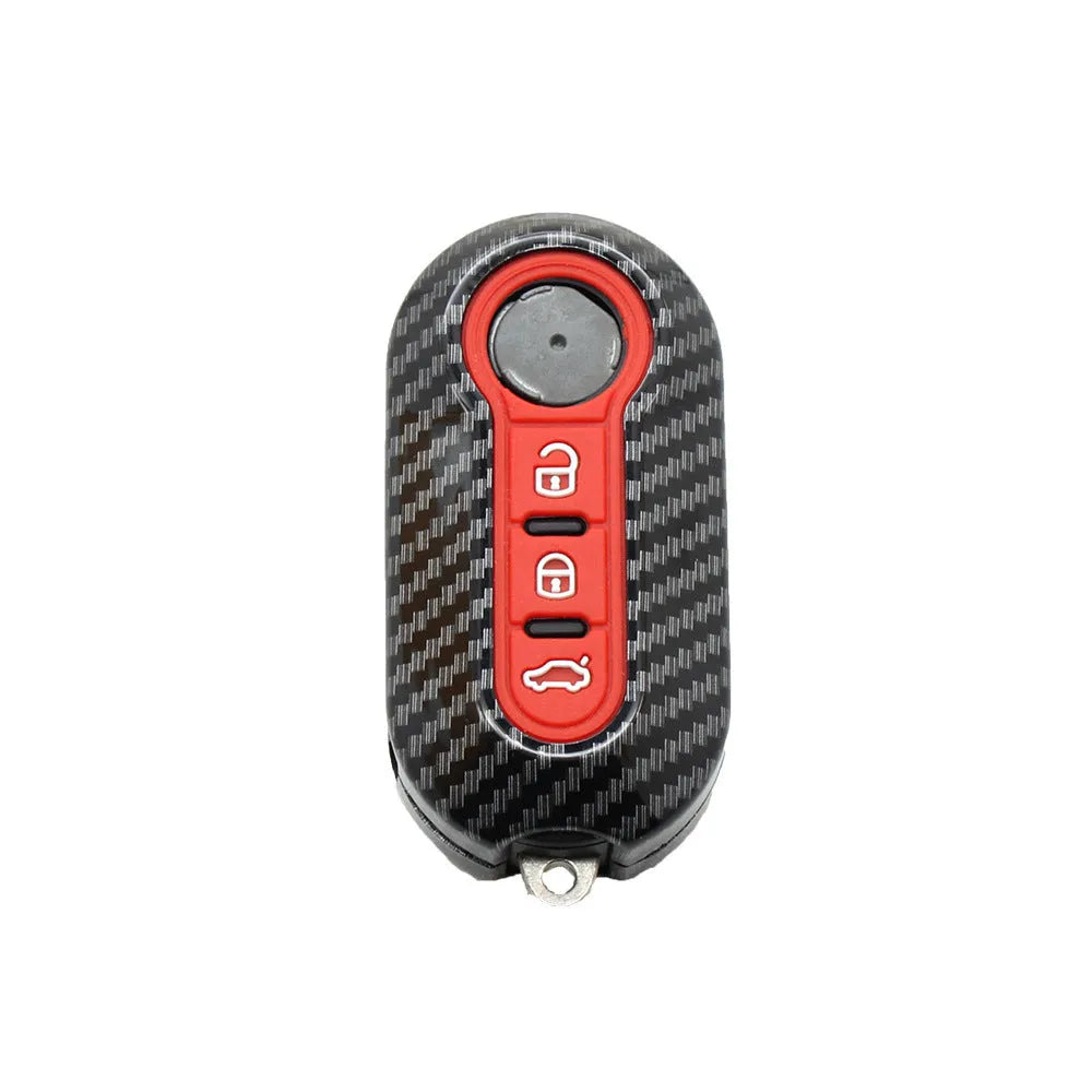Fiat 500 car key replacement case in black, red, and dark blue colours showing carbon fibre pattern
