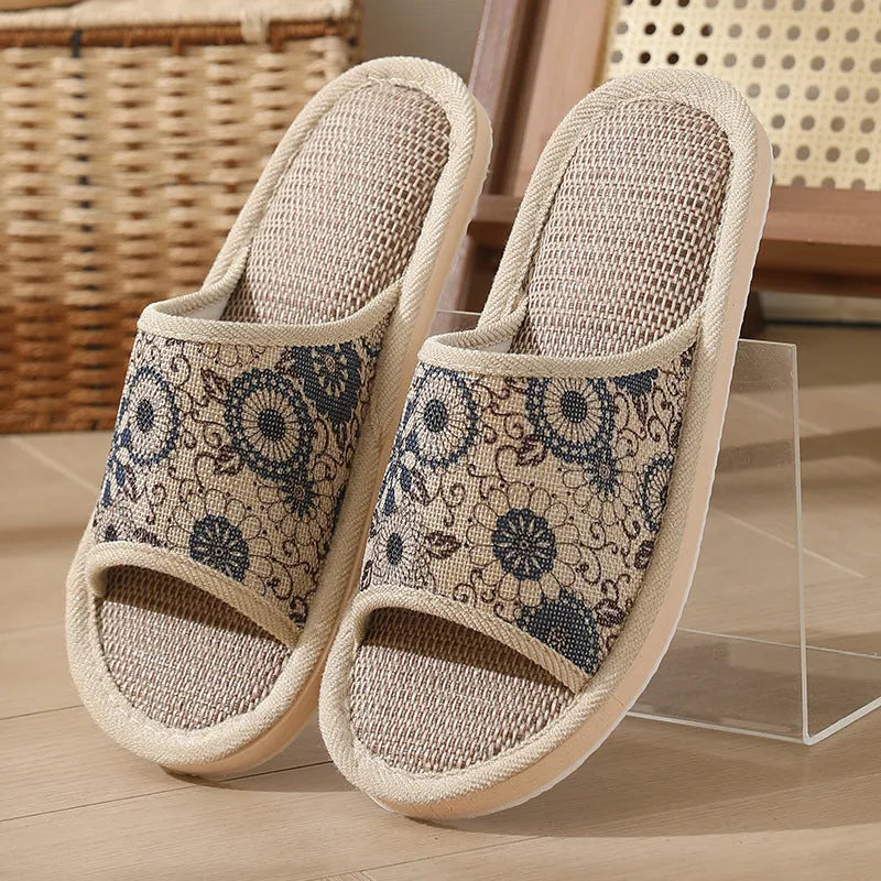Women's linen open toe slippers in dark coffee colour with thickened sole