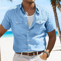 Men's solid colour linen summer shirt with polo collar and long sleeves, shown in apricot.