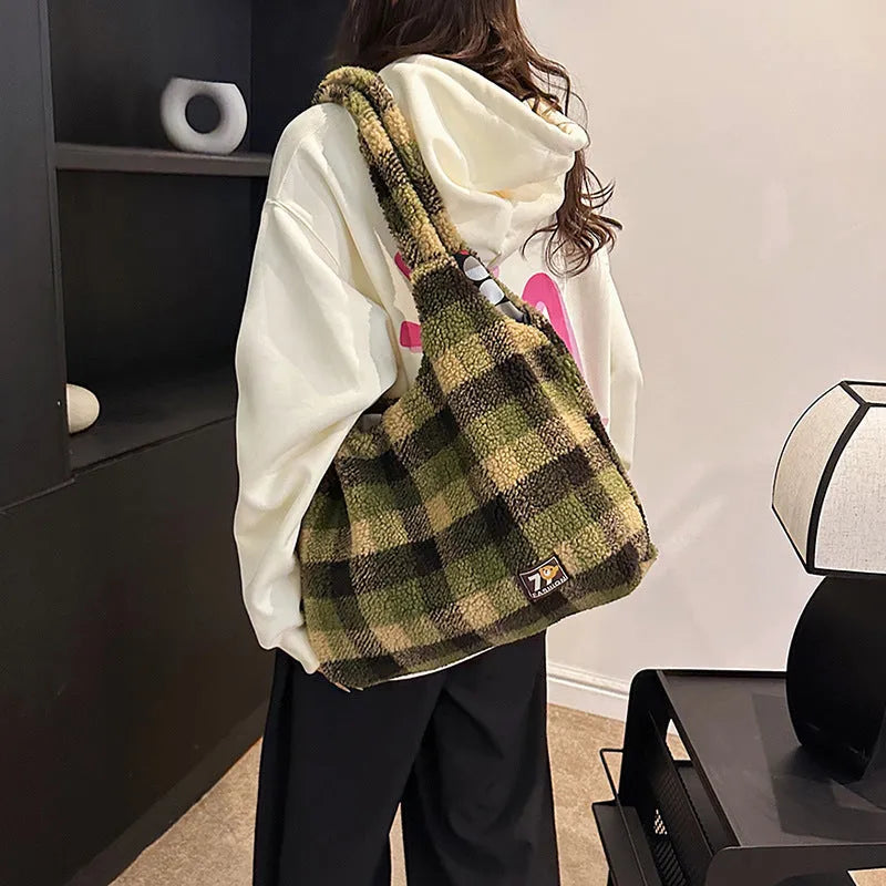 Army Green plush plaid women's crossbody tote bag showing large capacity and shoulder strap.