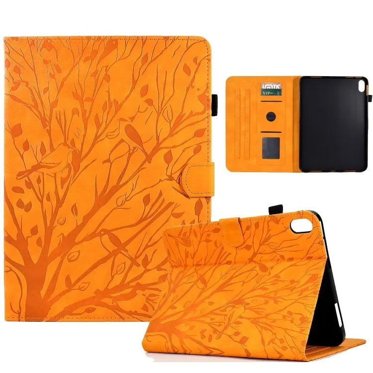 Leather-look tablet protective case with integrated stand in black, shown propping up a tablet.