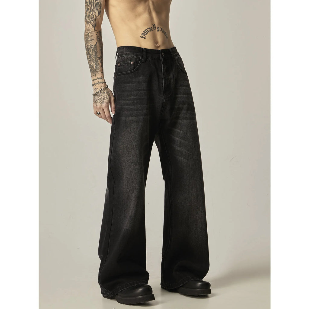 Black loose straight leg jeans with zipper fly and retro styling