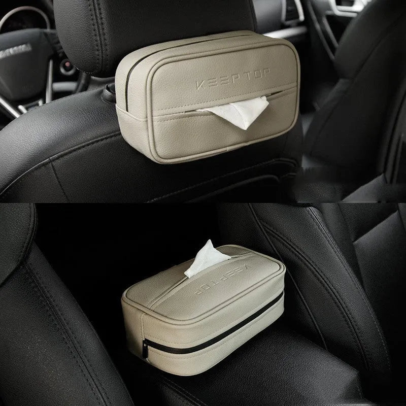 Leather car storage box with PU hanging strap in black and beige colour options