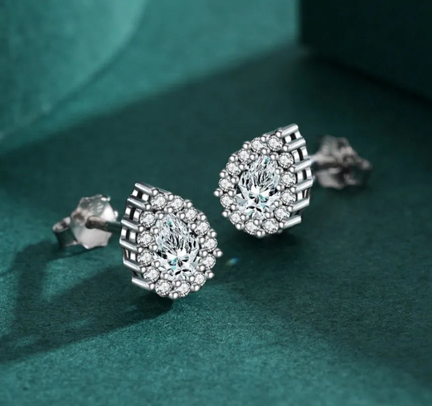 Women's silver water drop ear studs with diamond treatment surface