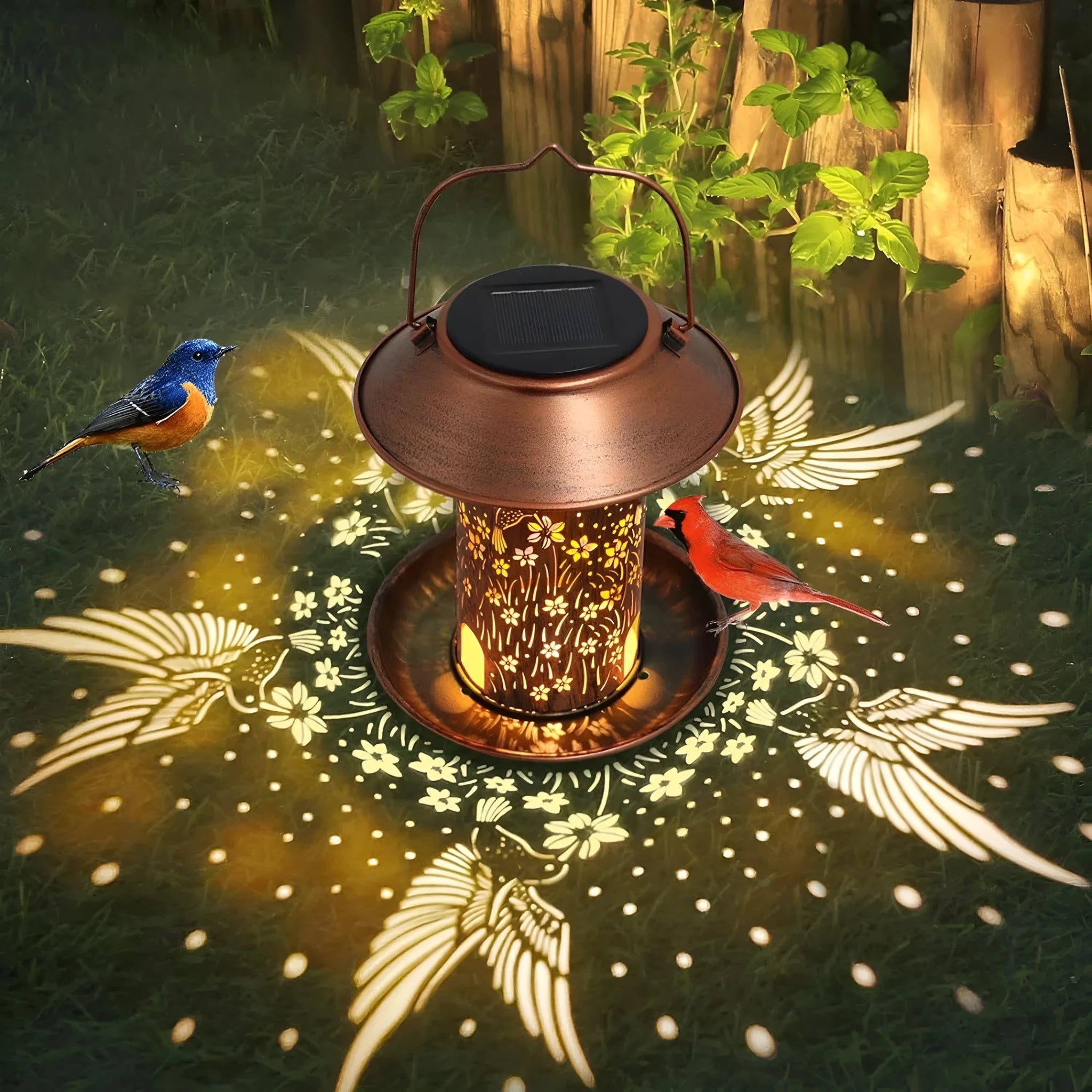 Solar-powered iron art hummingbird bird feeder with waterproof finish for outdoor gardens.