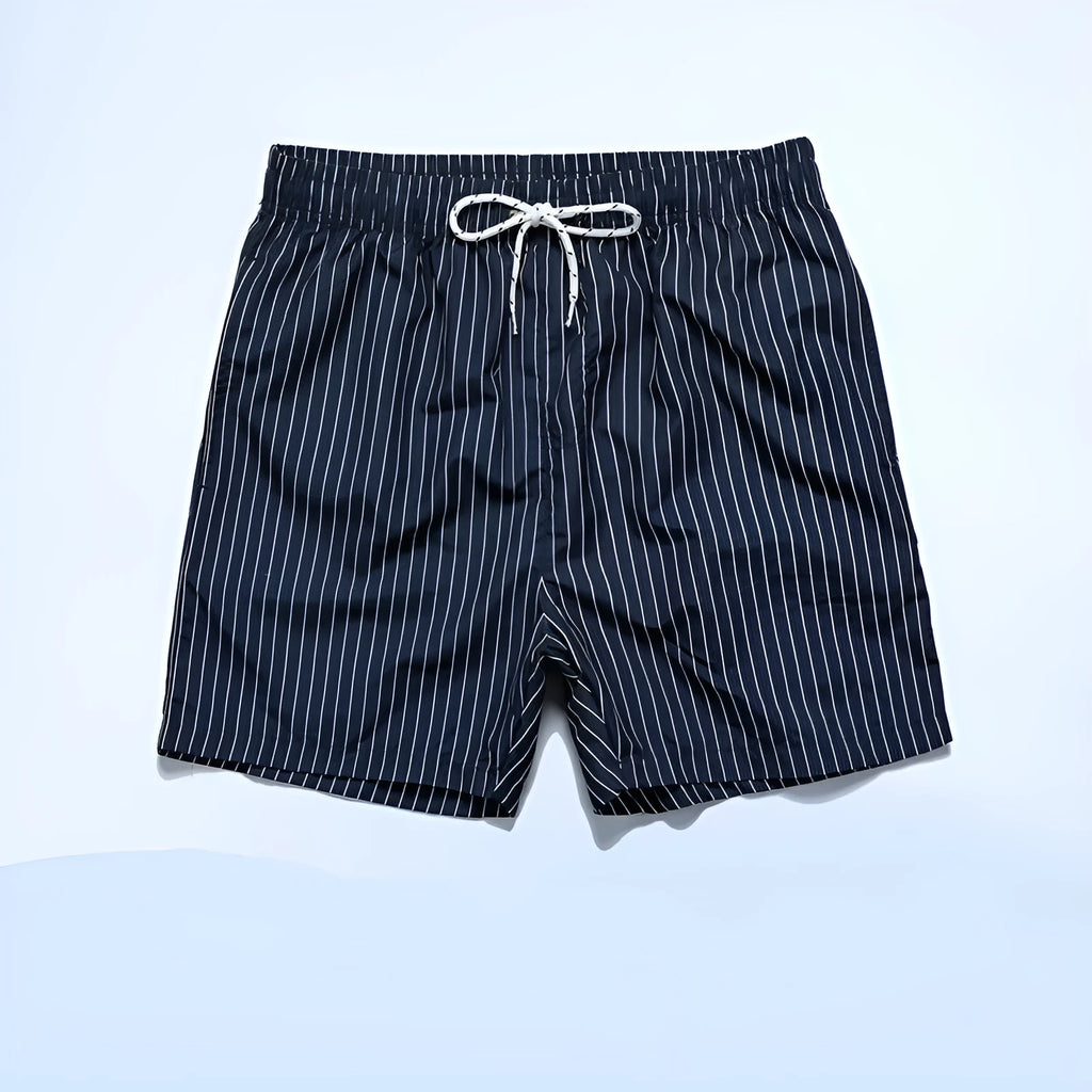 Men's navy blue striped beach shorts with straight leg opening and triangle lining