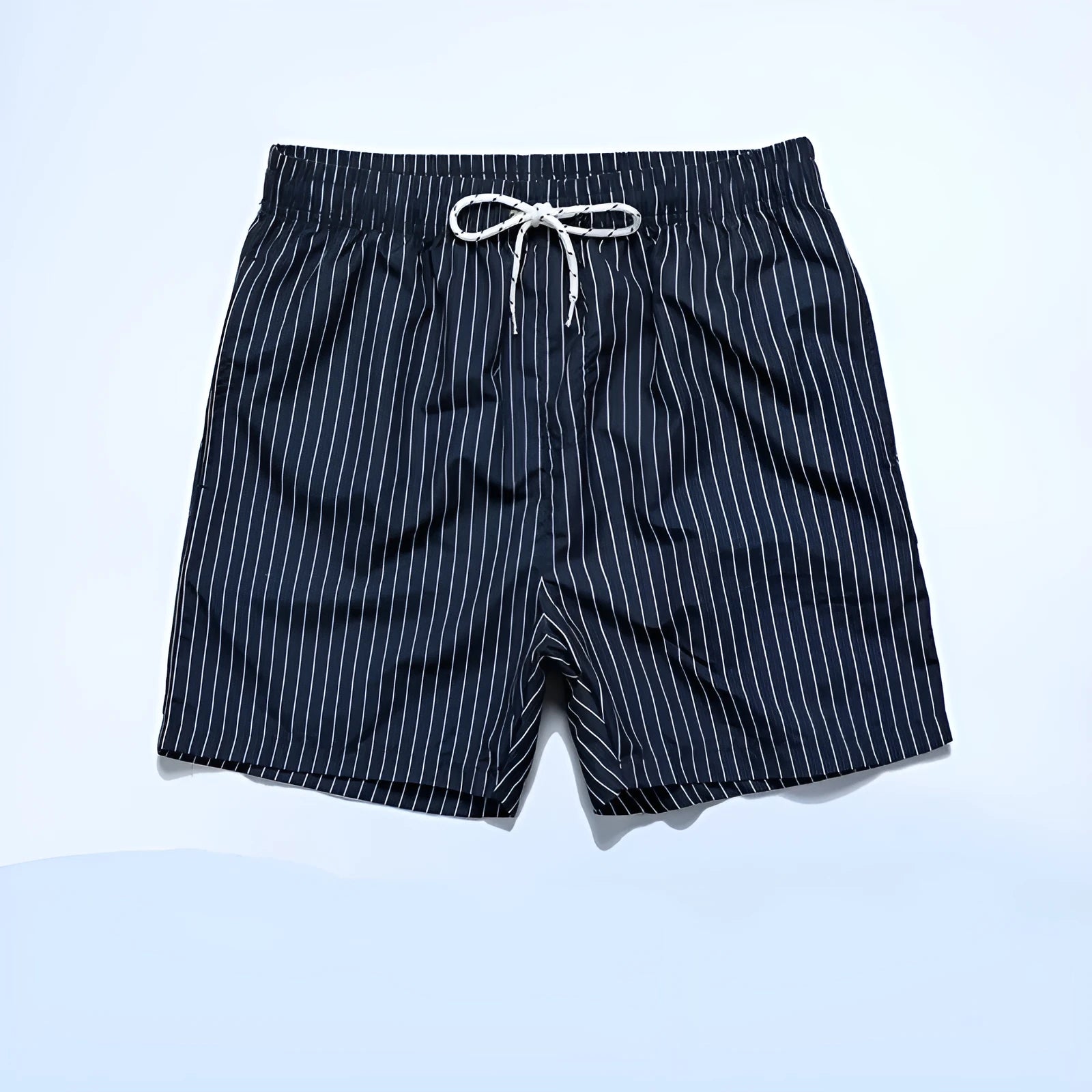 Men's navy blue striped beach shorts with straight leg opening and triangle lining