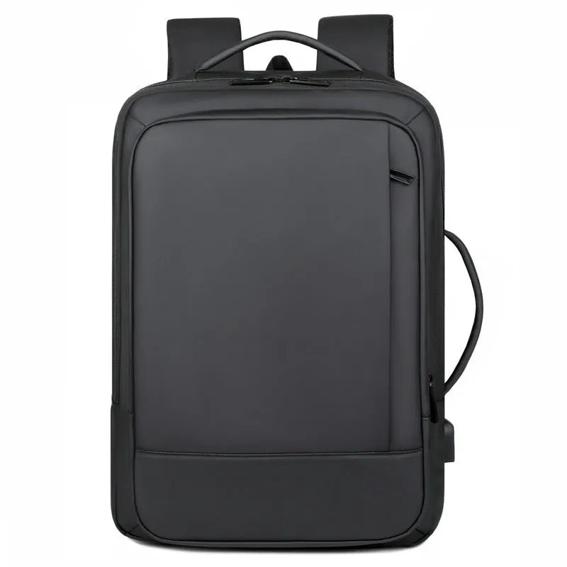 Large black waterproof backpack with curved shoulder straps showing business travel design