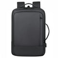 Large black waterproof backpack with curved shoulder straps showing business travel design