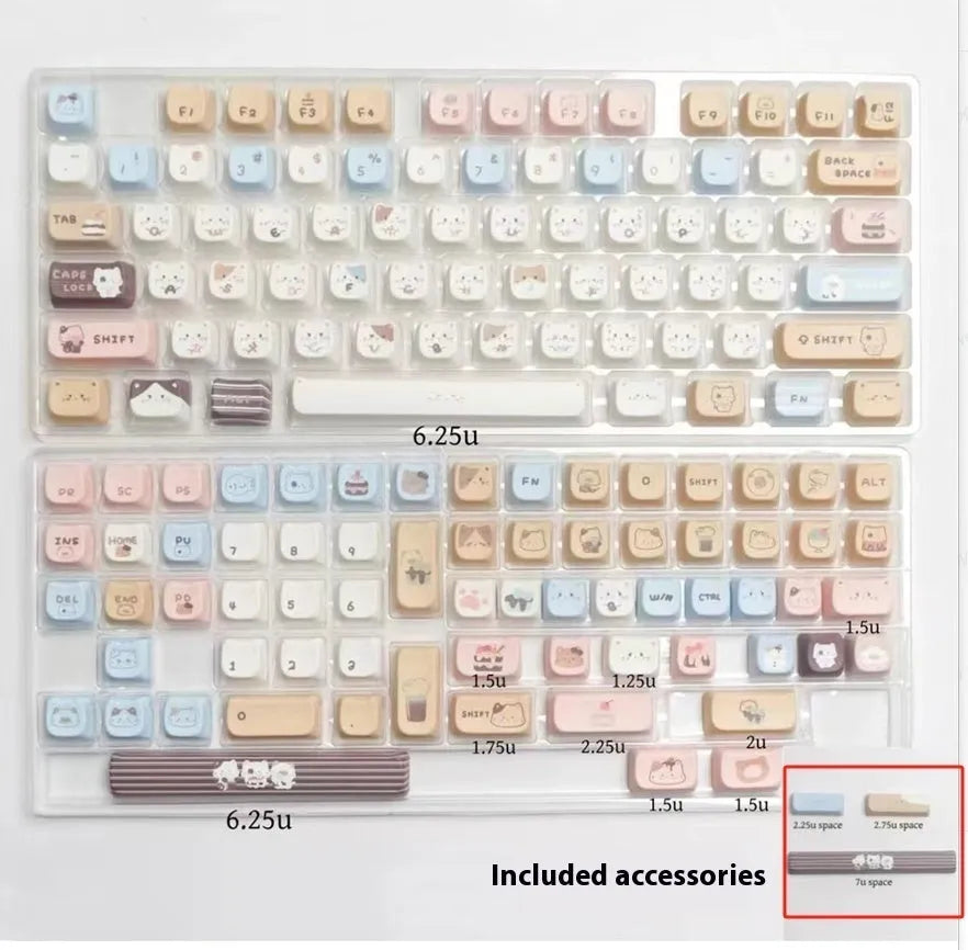 Sea salt cat design PBT keycap set with sublimation printing showing 1.5u space bar and March past supplements