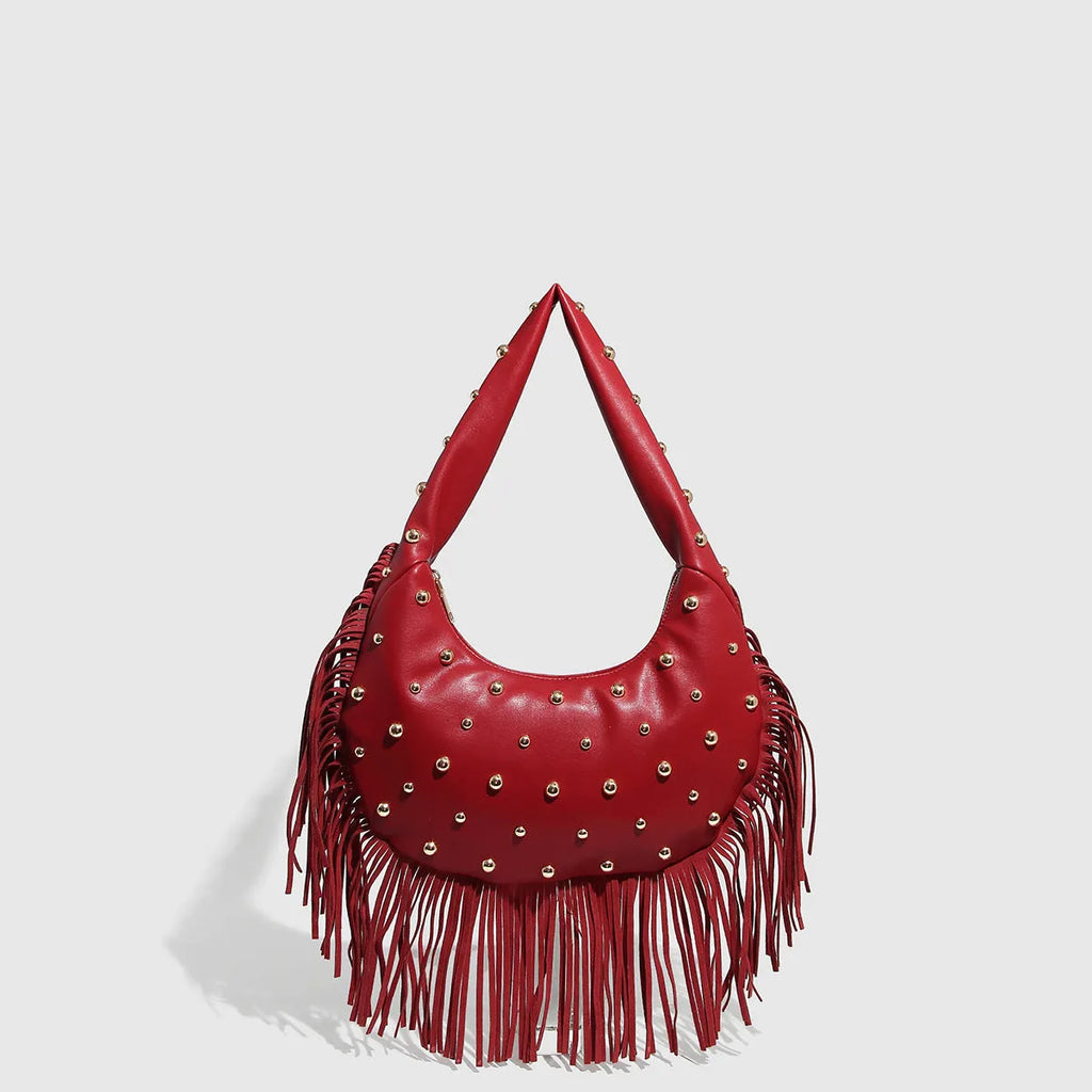 Retro tassel shoulder handbag with internal phone compartment in black or wine red colour