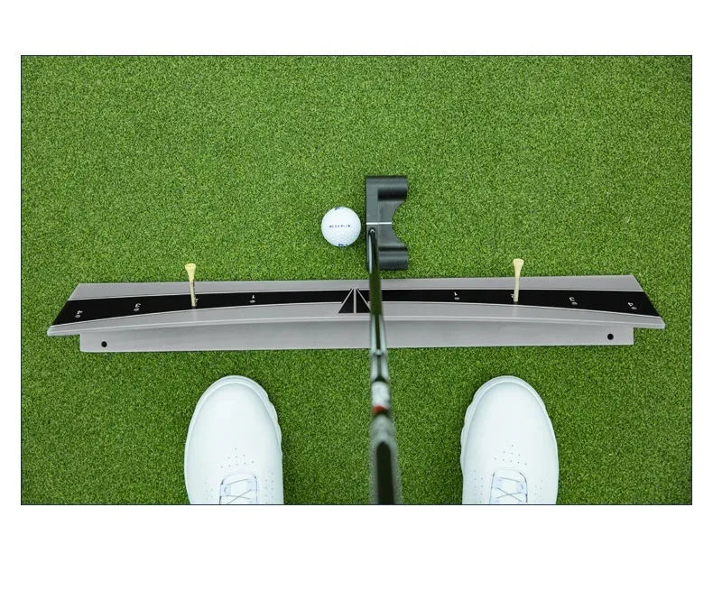 Adjustable golf putter balance simulator made of white PVC with a central training guide.