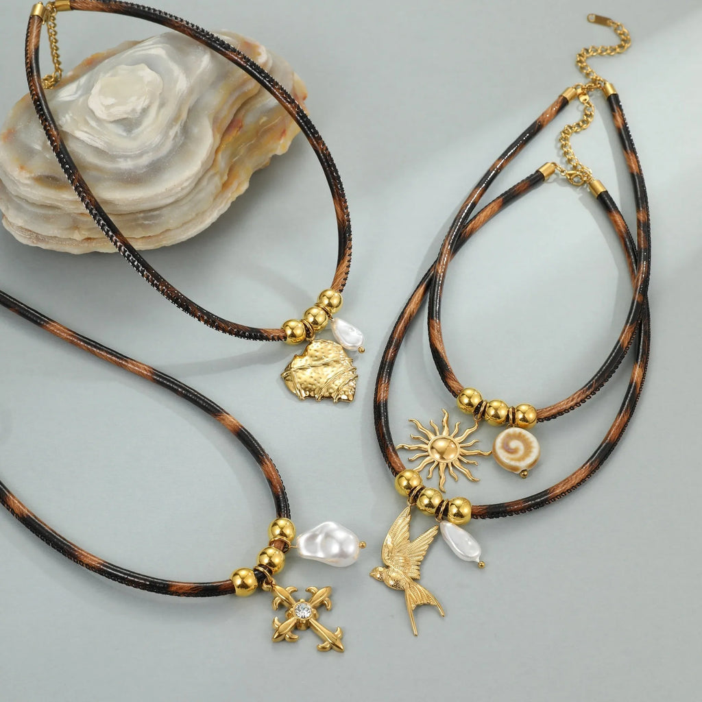 Leopard print geometric pendant necklace on stainless steel chain with gold plating