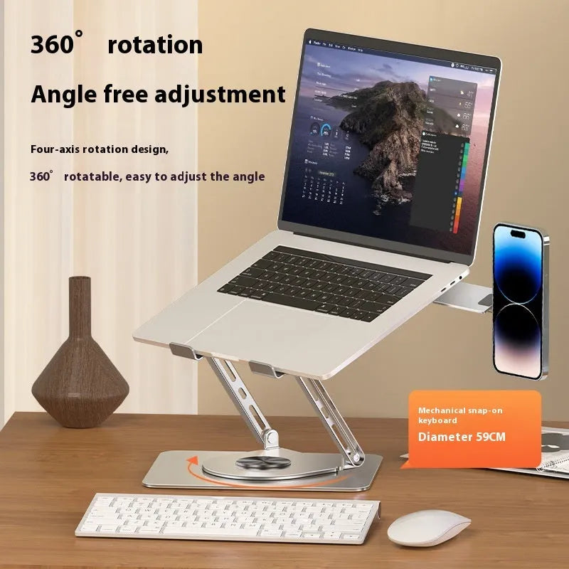 Silver carbon steel laptop stand with rotating magnetic phone holder for 17-inch laptops