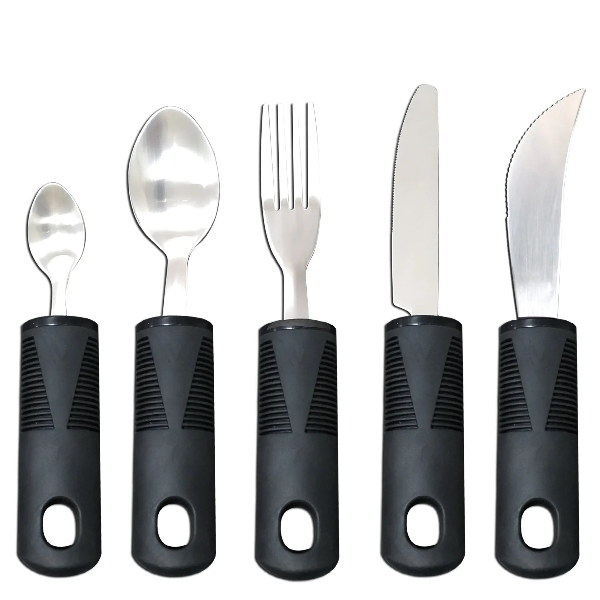 Anti-shake adaptive tableware set with stainless steel utensils and rubber handle grips