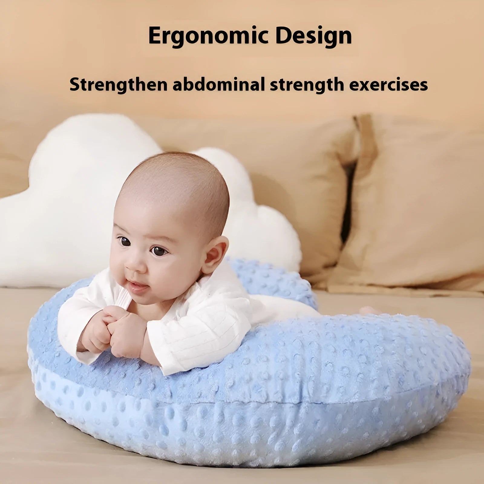Multifunctional nursing pillow in light blue colour for breastfeeding support and spill prevention.