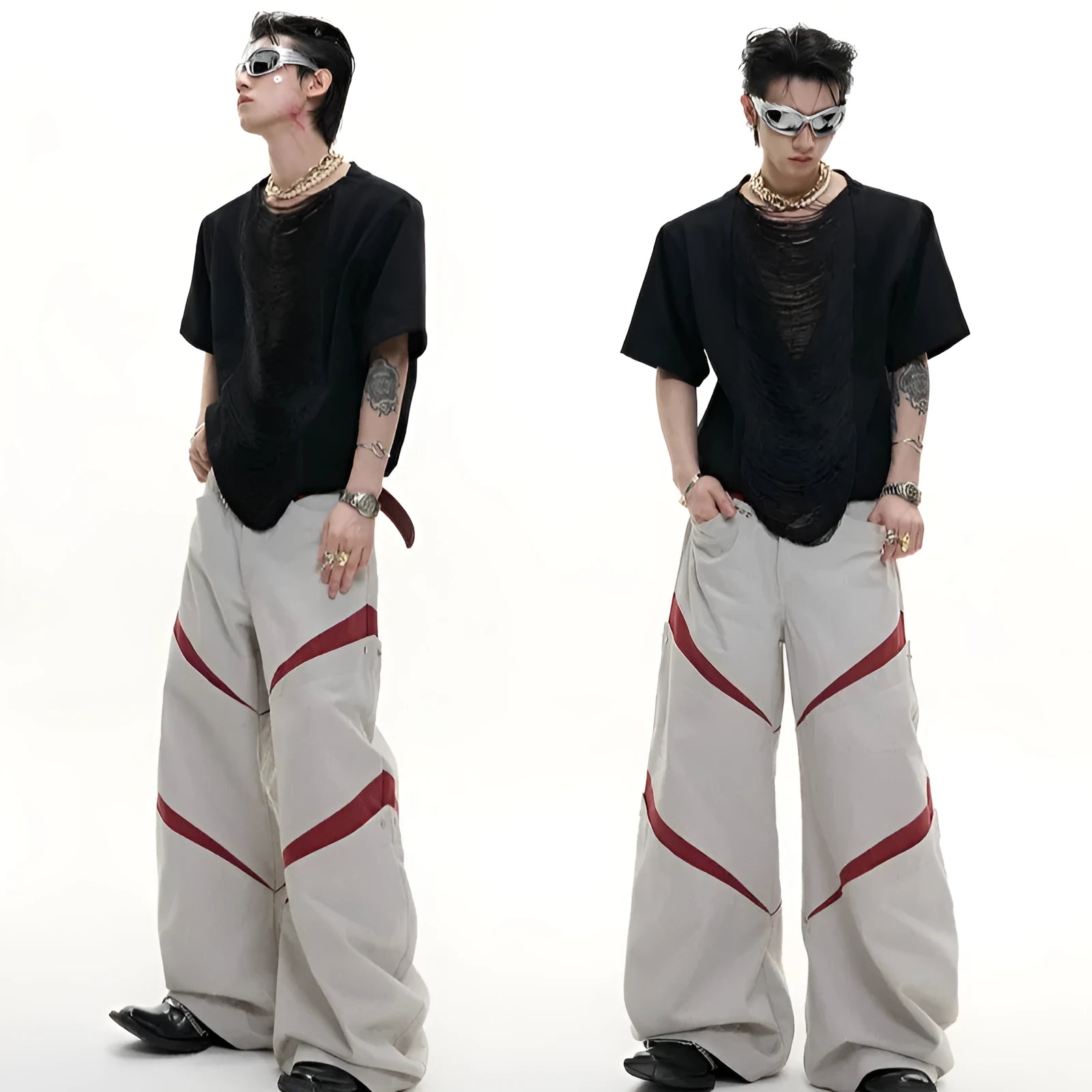 Men's drum black loose fit t-shirt with a hollow-out V-neck design and short sleeves.