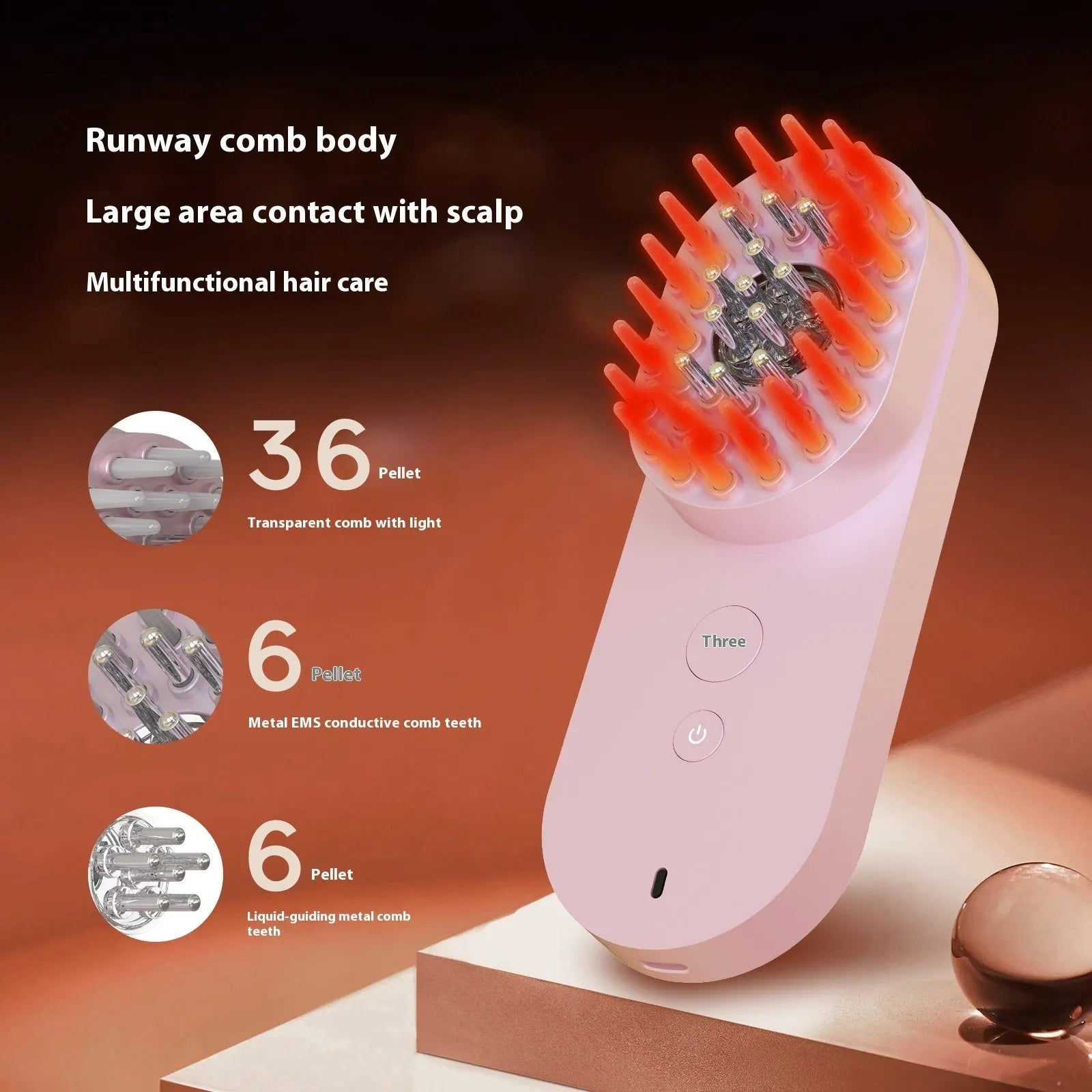 Smart massage comb with red light therapy technology in pink and black colour options