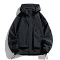 Men's black waterproof hooded jacket with long sleeves, shown in regular length fit.
