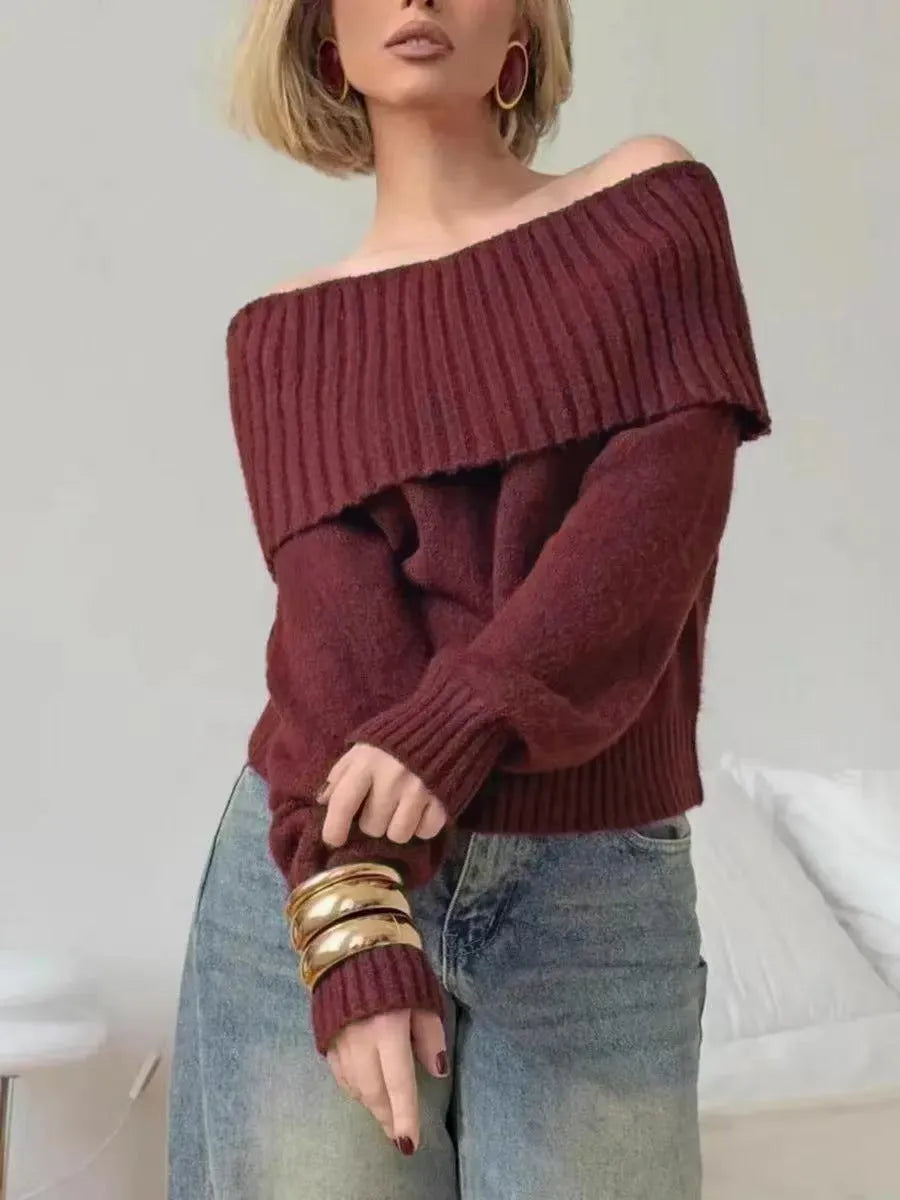 Off-the-shoulder grey sweater with 3D pattern effect and regular sleeves