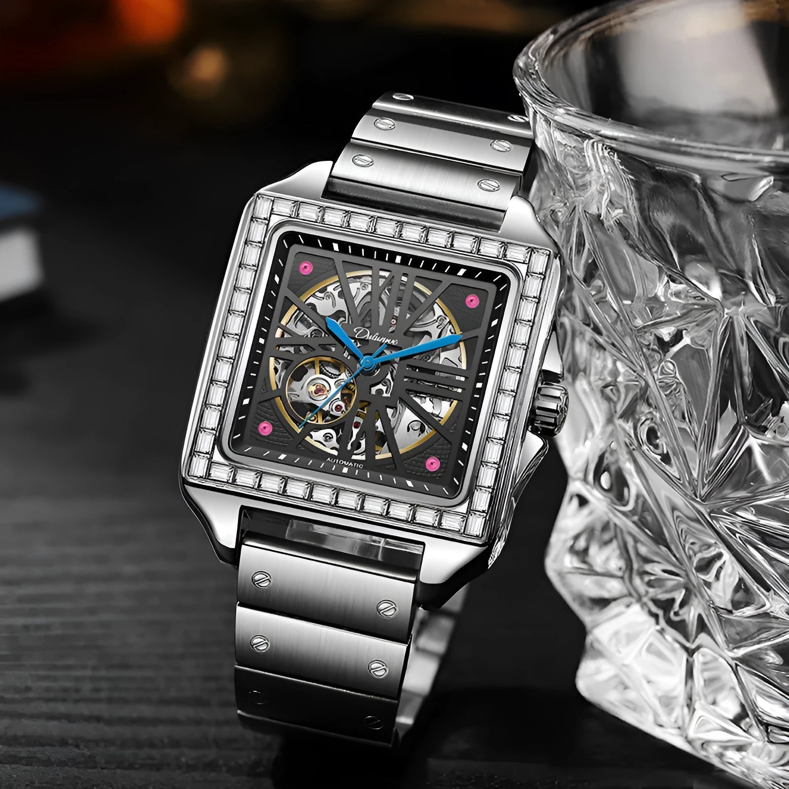 Men's square automatic watch with diamond studs on case, available in black or white with leather or steel strap.